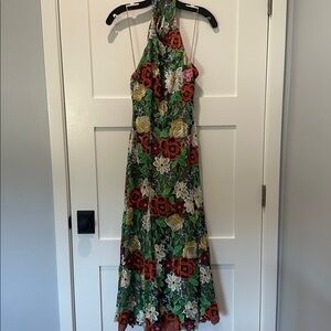 Milly Green Halter Maxi Dress with Red, Yellow & White Floral Embroidery